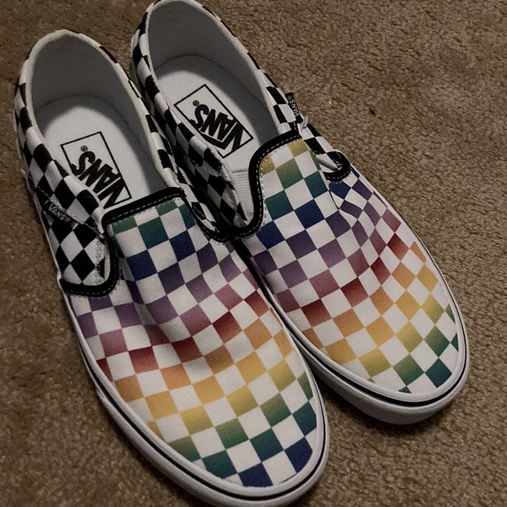 Slip on rainbow checkered vans